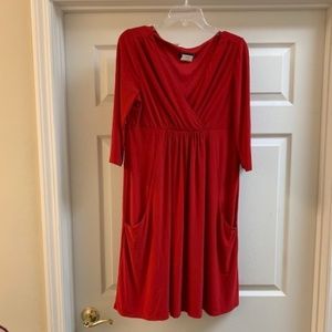 RED EMPIRE WAIST DRESS WITH POCKETS